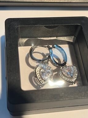 Sterling Silver Heart Drop Hoop Earrings with Crystal Accents - Silver